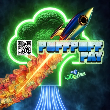 Neon-Rakete mit Brokkoli-Baum und Geldschein-Flamme, QR-Code und puffpuffPAY-Schriftzug
